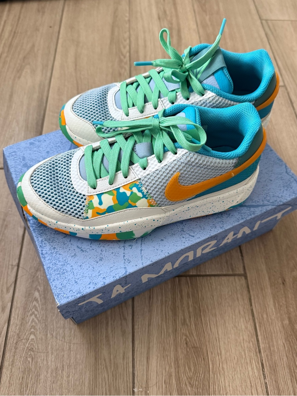 Nike Ja 1 GS “EYBL” Teal Orange Camo Boys 5Y Basketball Shoes w/ Box